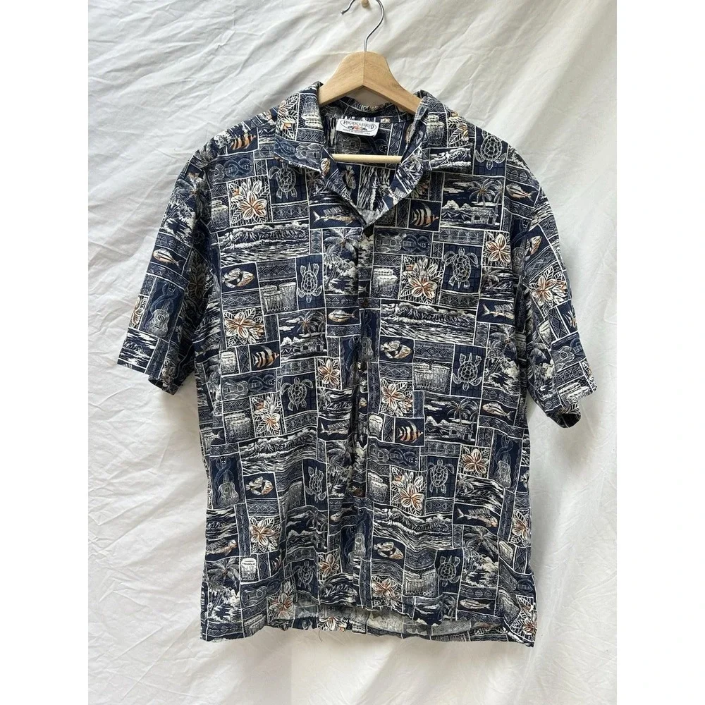 Mens Pacific Legend Hawaiian Aloha Sea Turtle Island Mosaic Camp Shirt Large